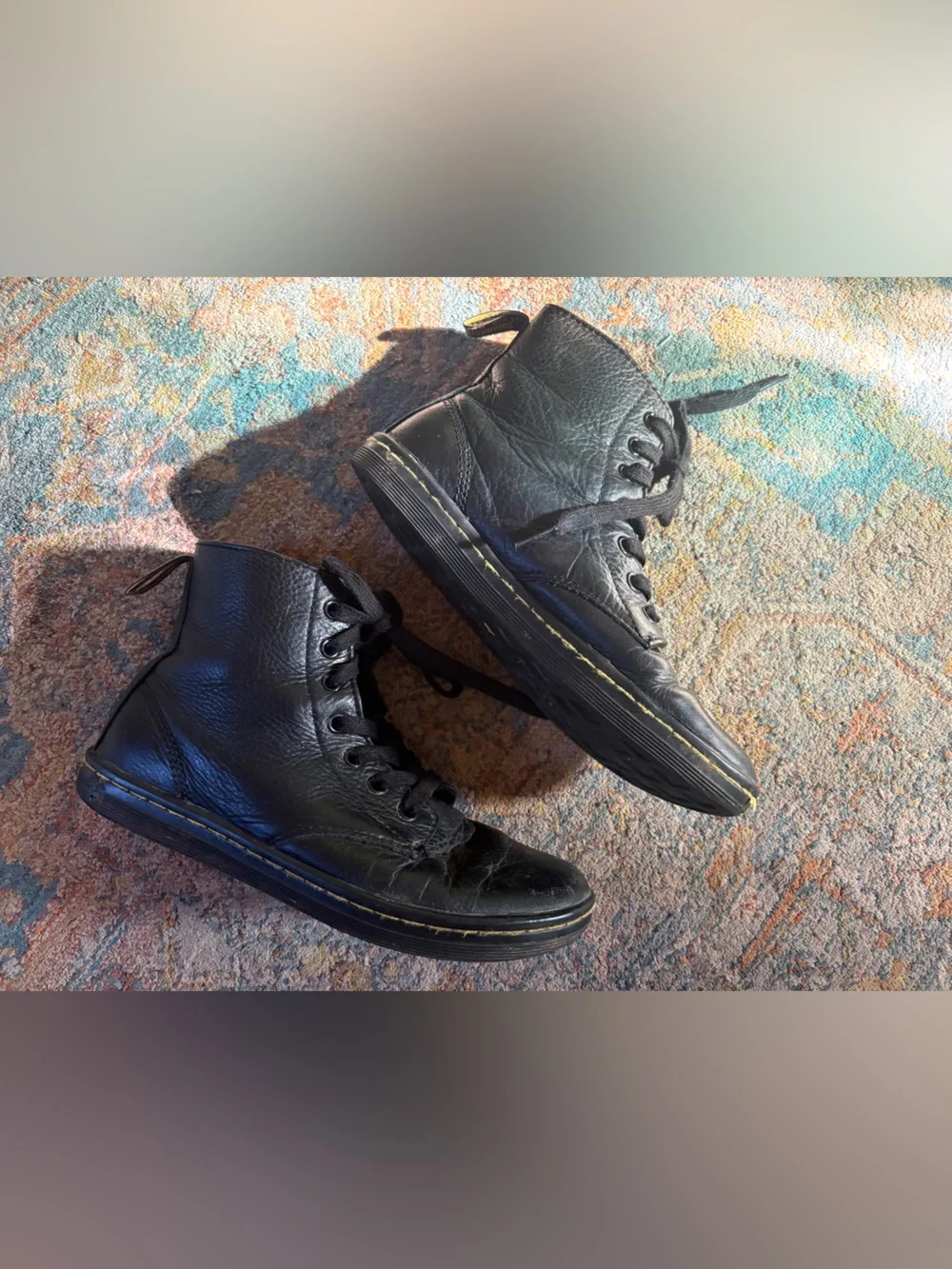 Dr. Martens Black Leather Leyton Ankle Boots with Yellow Stitching